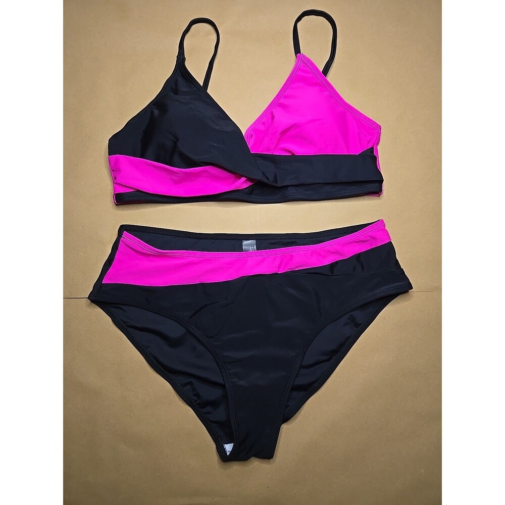 Unbranded Hot Pink/Black Bikini Set Size Medium, Criss-Cross Straps